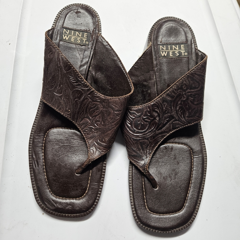 Nine West Brown Leather Heeled Thong Sandals